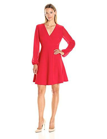 Surplice Neck Long Sleeve Illusion Dress, Red, 4