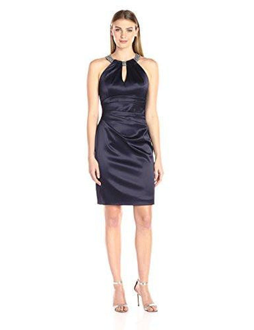 Sleeveless Stretch Satin Dress, Navy, 8