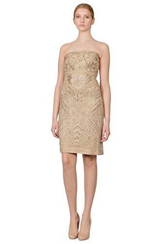 Metallic Embroidered Ribbon Beige Strapless Cocktail Eve Dress