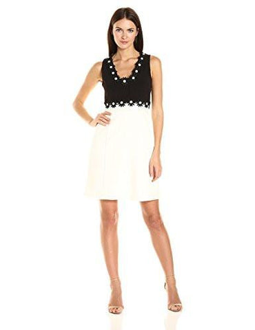Daisy Embelished 2 Tone Stretch Crepe Dress, Black/Ivory, 4
