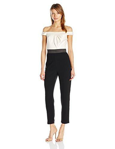 Off The Shoulder Jumpsuit With Bonded Satin Top And Stretch Crepe Pants, Ivory/Black, 4