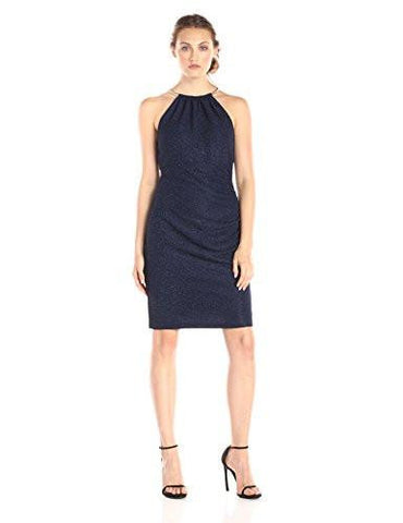 Halter Dress With Metal Necklace, Navy, 8