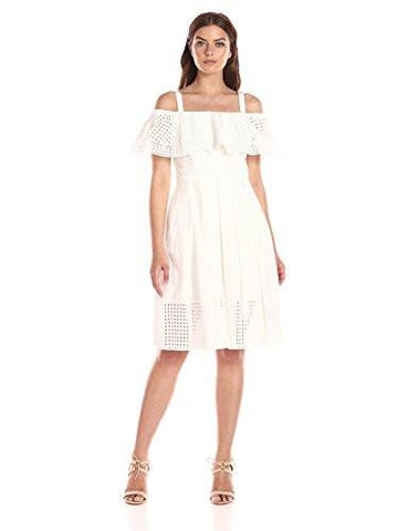 Ruffled Bodice Fit And Flare, White, 14