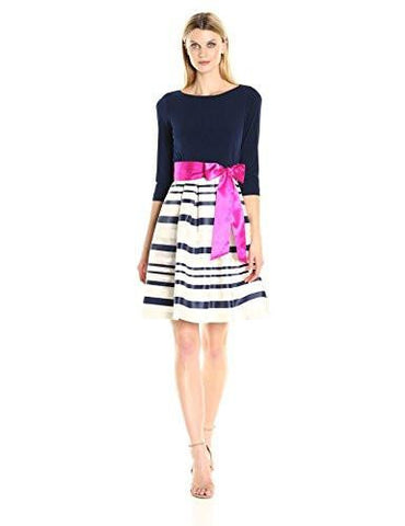 Fit And Flare Dress With Tie Sash At Waist, Navy/Ivory, 14