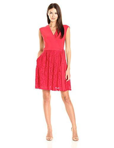 Jersey And Lace Mock Wrap Fit And Flare, Red, 2