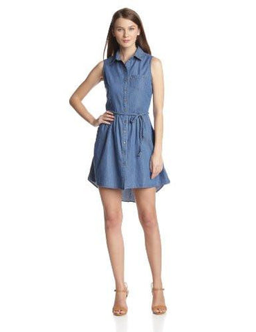 Sleeveless Button Front Belted Dress, Med Stone Wash, XLarge
