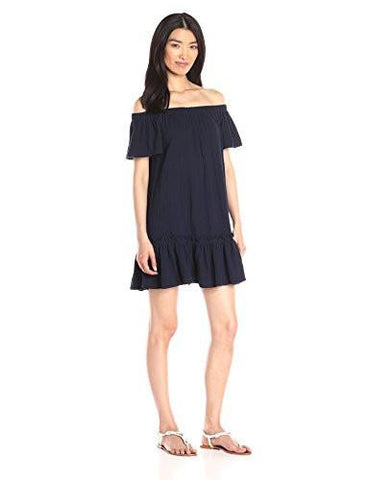 OffTheShoulder Gauze Dress, Navy, 4