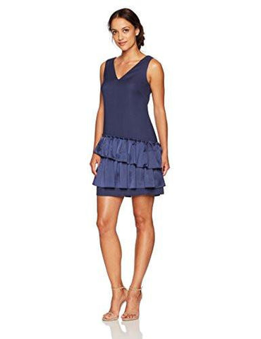 Eliza J Petite VNeck Dress Pleated Hem, Navy, 10P