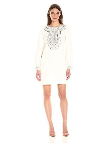 Kapono Long Sleeve Classic Crepe Embellished Dress White Wash 4