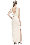 Draped Back Embellished Lace Column Evening Gown Dress