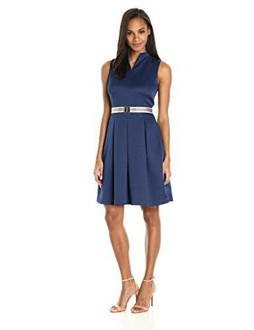 Ellen Tracy Pique Fit And Flare Dress With Grosgrain Belt, Navy, 6