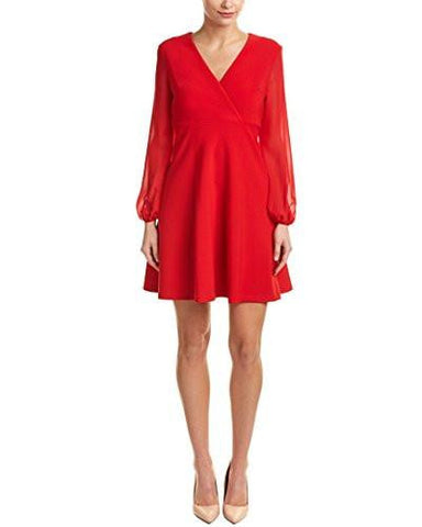 Surplice Neck Long Sleeve Illusion Dress, Red, 8