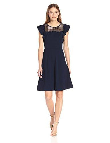 Flutter Sleeve Stretch Crepe Fit And Flare, Navy, 6