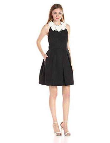 Taylor Dresses Ottoman Fit And Flare Dress With Daisy Applique At Neck, Black, 6
