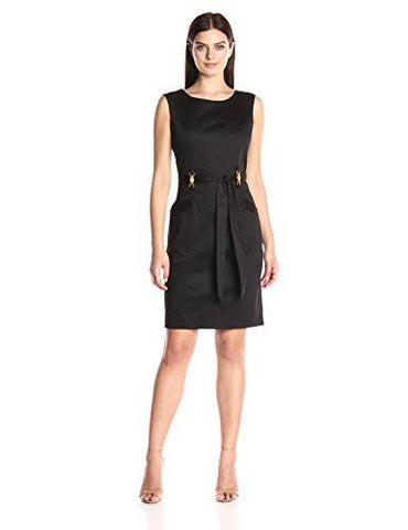 Cotton Dress With Self Belt Hardware Detail, Black, 16