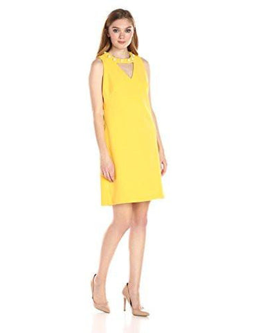 Statement Pearl Trim Swing Dress Vcut Out At Neck, Lemon Zest, 8
