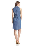 Sleeveless Button Front Belted Dress, Med Stone Wash, XLarge