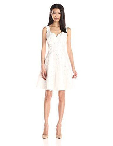 V Neck Shantung Eyelet, White, 6