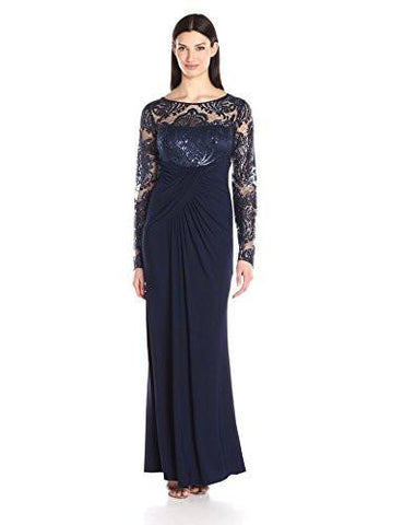 Eliza J Long Sleeve Gown With Front Gathering, Navy, 14