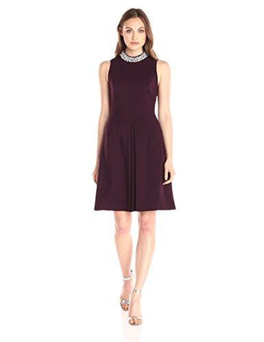 Beaded Collar Sleeveless Aline Dress, Wine, 10