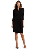 3/4 Sleeve Cascade Wrap Dress, Black, Large