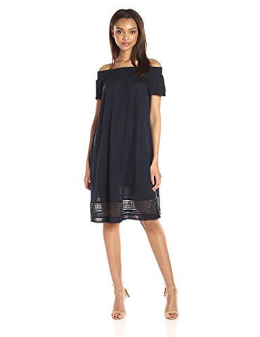 Off The Shoulder Eyelet Knee Length Dress Navy Medium