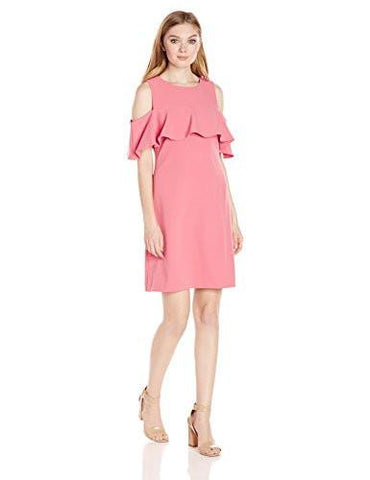 Flounce Ruffle Front Cold Shoulder Stretch Crepe Dress, Watermelon, 6