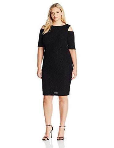 Plus Size Glitter Dress With Cold Shoulders, Black/Tan, 14W