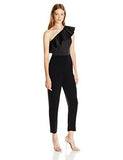 One Shoulder Ruffle Bonded Satin Jumpsuit, Black, 10