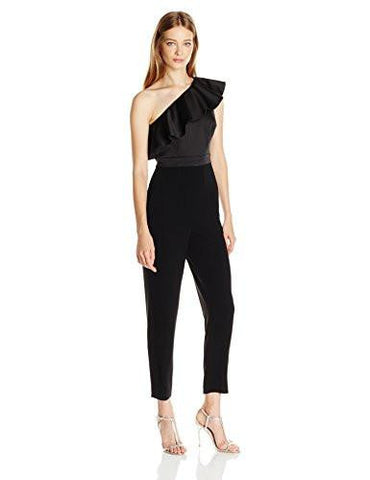 One Shoulder Ruffle Bonded Satin Jumpsuit, Black, 10