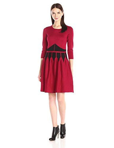 3/4 Sleeve Color Block Fit And Flare Sweater Dress, Ruby/Black, Large