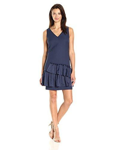 VNeck Dress Pleated Hem, Navy, 4