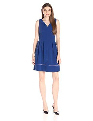 V Neck Pique Knit Dress W/ Mesh Inset At Hem, Cobalt, 10