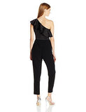 One Shoulder Ruffle Bonded Satin Jumpsuit, Black, 10
