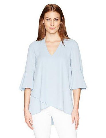 Bell Sleeve Wrap Hem Top, Light Blue, Xs