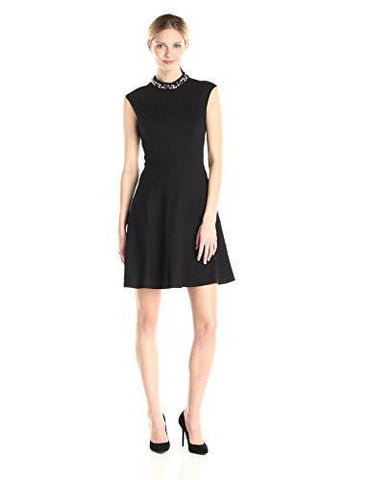 Beaded Mock Neck Cap Sleeve Fit And Flare Dress, Black, 8