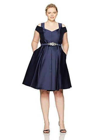 Plus Size Off The Shoulder Flared Dress, Navy, 16W