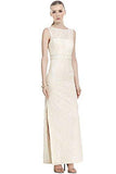 Draped Back Embellished Lace Column Evening Gown Dress