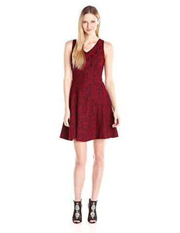 Bonded Lace VNeck Dress, Wine Black, Medium