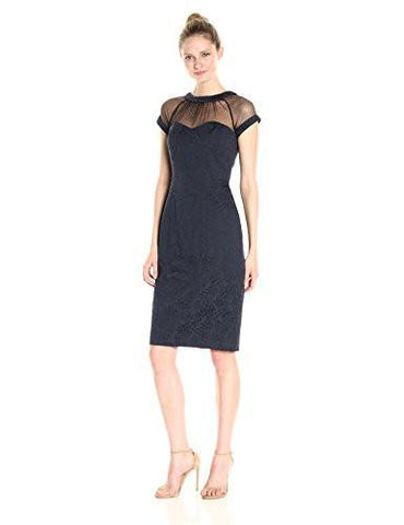 Illusion CapSleeve Crepe Dress, Navy, 12