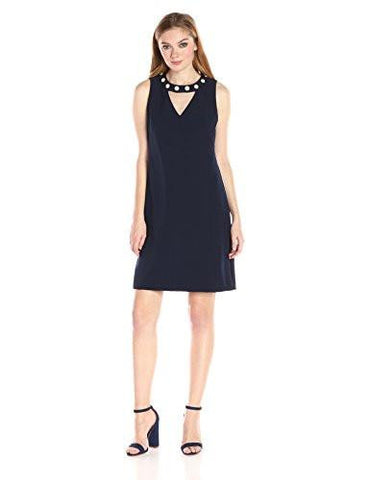 Statement Pearl Trim Swing Dress Vcut Out At Neck, Navy, 8