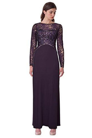Sequin Embellished Lace Long Sleeve Jersey Evening Gown Dress