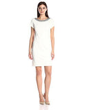 Ellen Tracy Ponte Short Sleeve Dress With Beaded Neckline, Ivory, 14