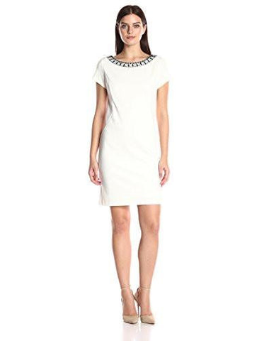 Ellen Tracy Ponte Short Sleeve Dress With Beaded Neckline, Ivory, 14
