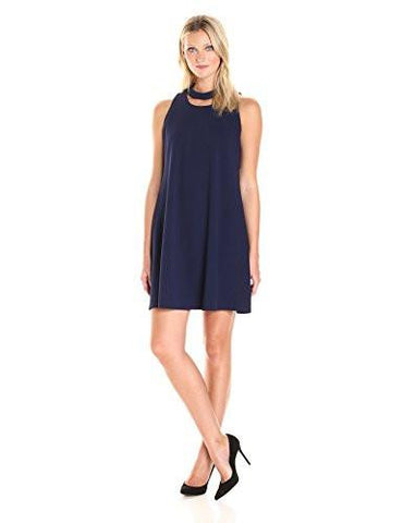 Stretch Crepe Swing Dress With Open Neck, Navy, 14