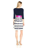 Fit And Flare Dress With Tie Sash At Waist, Navy/Ivory, 14
