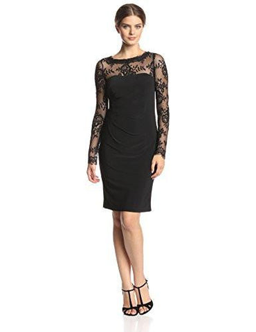 Eliza J Long Sleeve Illusion Lace Dress, Black, 6