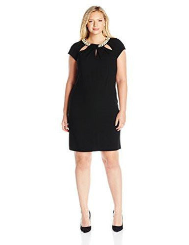 Plus Size Shift Dress With Detailed Neckline, Black, 18W