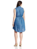 PlusSize Sleeveless Button Front Belted Dress, Med Stone Wash, 1X