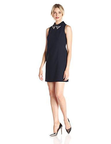 Shift Dress With Beaded Collar, Navy, 12